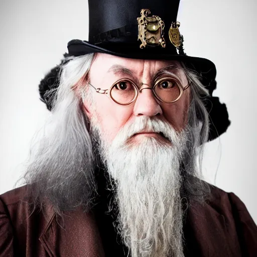 Image similar to steampunk dumbledore, professional portrait photography