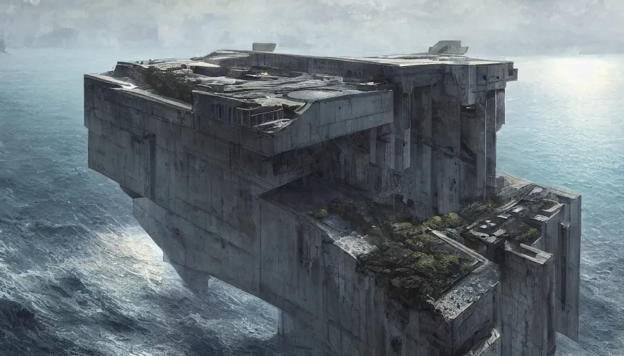 Image similar to coastal imperial brutalist base perched on a cliff overlooking a magnificient bay, pritzker architecture prize, jan urschel, greig fraser, by james gurney, greg rutkowski, highly detailed digital art, artstation