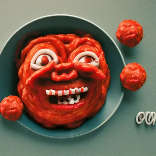 Image similar to spaghetti with meatballs shaped like screaming chucky doll, octane render