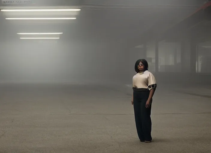 Prompt: cinematic screenshot high wide angle shot of octavia spencer standing outside in a foggy desolate eerie department store empty parking lot, one car, paranoia everywhere, scene from the tense psychological thriller film directed by spike jonze, volumetric hazy lighting, anamorphic lens, moody cinematography, 3 5 mm kodak color ektochrome