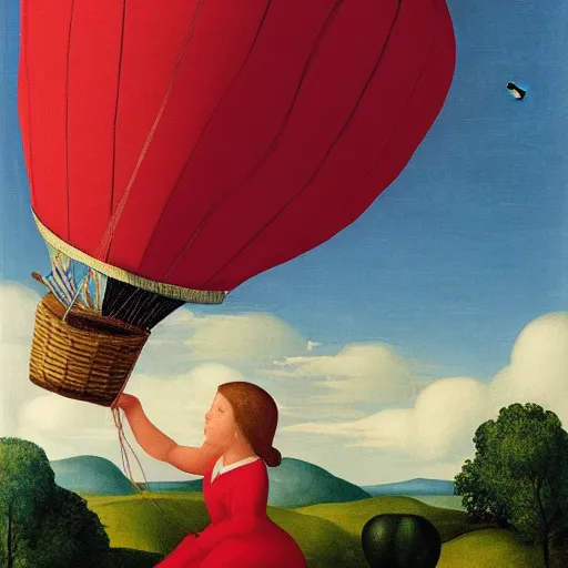 Prompt: a girl and her cat enjoying a hot-air-balloon ride by Raphael, Hopper, and Rene Magritte. detailed, romantic, enchanting, trending on artstation.