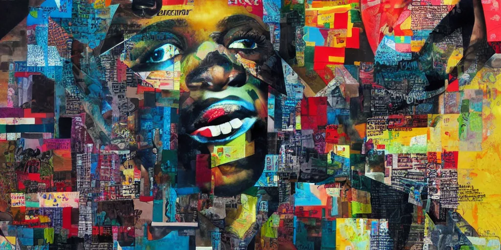 Prompt: memphis hip hop, collage paper and tape, acrylic on canvas, hyperrealism mixed with expressionism, high resolution, cinematic, unreal 6 breathtaking detailed, by blake neubert