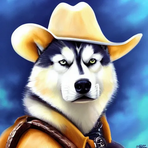 Image similar to a portrait painting of a husky in cowboy costume, wearing a cowboy hat, in the style of anime, trending on artstation