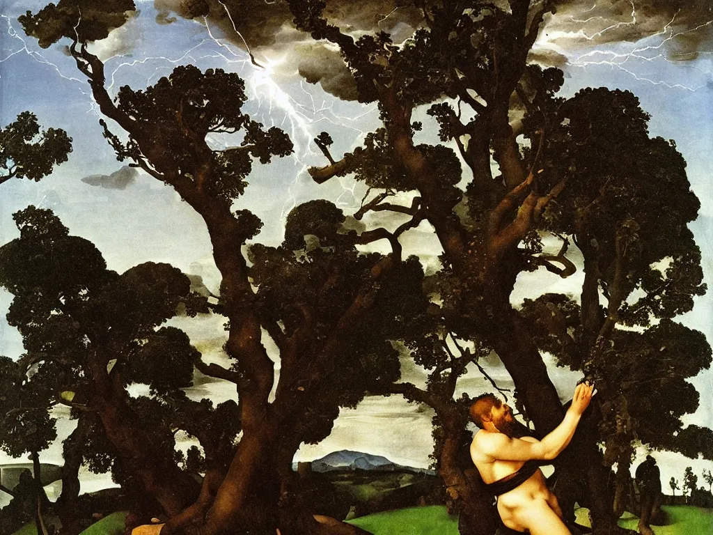 Prompt: Melancholic man with blue eyes looking at a lightning that strikes a tree, painting by Lorenzo Lotto