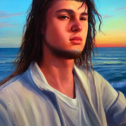 Image similar to a teen guy with mullet, portrait, sunset, ocean in distance, oil painting, pale colors, high detail, 8 k, wide angle, trending on artstation,