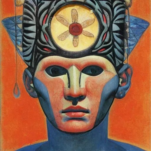 Prompt: head of a shaman wearing a mask made of enamelled flowers, by annie swynnerton and edward hopper and jean delville and john watkiss and rufino tamayo, art deco shaman, stylized geometric flowers, art brut, symbolist, dramatic lighting, god rays, clean crisp graphics, smooth sharp focus, extremely detailed, adolf wolfli