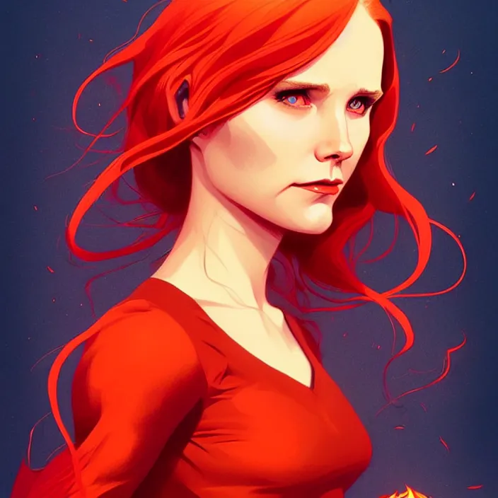 Image similar to style artgerm, joshua middleton, beautiful ( kristen bell ) with dark red dress, very long orange hair, symmetrical face, symmetrical eyes, fire powers fire swirling, detailed, volcano setting, cinematic lighting