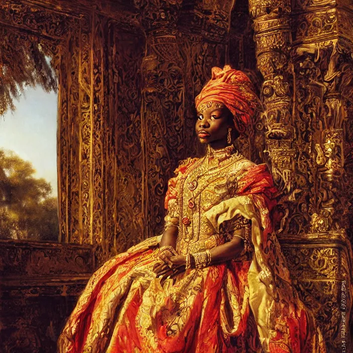 Image similar to longing look of an african empress at sunrise, portrait, highly detailed, backlit, bourgeoise, extremely opulent, ornate art, pompous, ornamental, richly detailed, digital art by wlop, adolph menzel, carvaggio