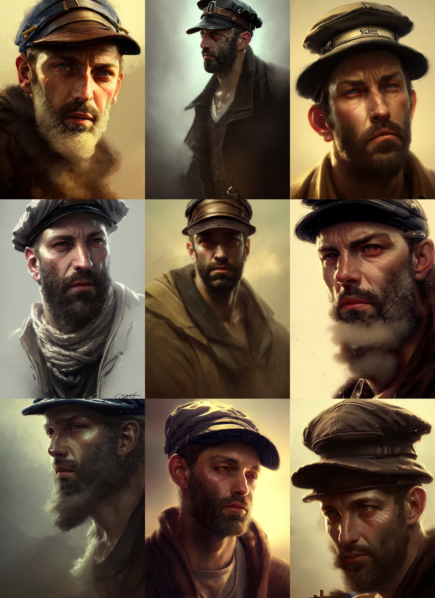 Image similar to portrait of a rugged man wearing a sailors cap, victorian, concept art, detailed face, fantasy, close up face, highly detailed, cinematic lighting, digital art painting by greg rutkowski