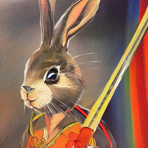 Prompt: rabbit swordsman, brush strokes, oil painting, kazuki takahashi