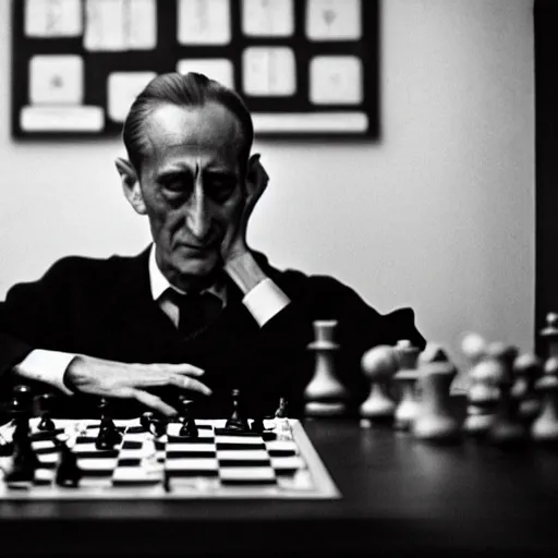 Image similar to a filmstill of Marcel Duchamp playing chess, reuters by Trent Parke