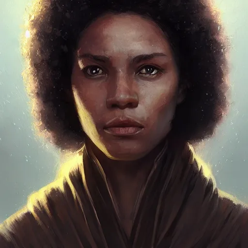 Image similar to portrait of a woman by greg rutkowski, youn jedi knight, black, afro hair, prettt, star wars expanded universe, she is about 2 0 years old, wearing jedi robes, highly detailed portrait, digital painting, artstation, concept art, smooth, sharp foccus ilustration, artstation hq