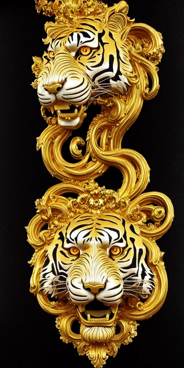 Prompt: beautiful portrait of a large ornate and intricate rococo tiger face, symmetric, carved marble with gold accents, 3 d, photorealistic, front facing, centered, hyper detailed, gold plated on black background, wallpaper, detailed and intricate emblem, baroque medallion,