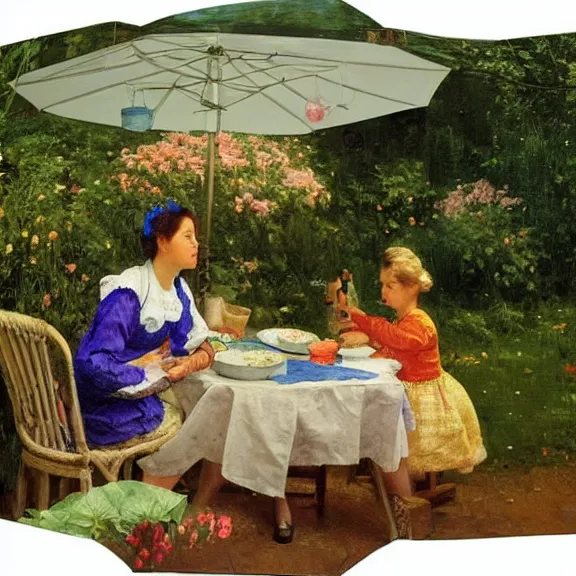 Image similar to a housewife and her daughter putting dishes on a table in the backyard, a tilted parasol sits above the table, a garden with colorful flowers in the background, rainy scene, cozy 1 9 5 0's, medium symmetry, by ilya repin, extreme detail, attention to detail, 8 k, intricate abstract, photorealistic