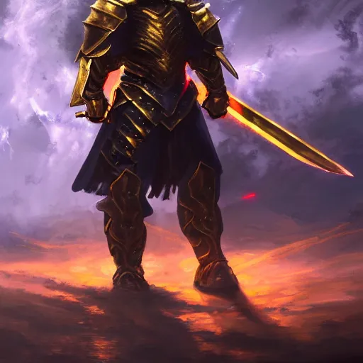 Image similar to A highly detailed matte acrylic painting of a heavily armored paladin wielding a very bright glowing gold sword, fighting in a huge battle at dusk, concept art, trending on artstation.