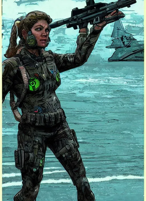 Image similar to Sonya. USN blackops operator emerging from water at the shoreline. Agent wearing Futuristic stealth suit and looking at an abandoned shipyard. rb6s, MGS, and splinter cell Concept art by James Gurney, Alphonso Mucha. Vivid color scheme.