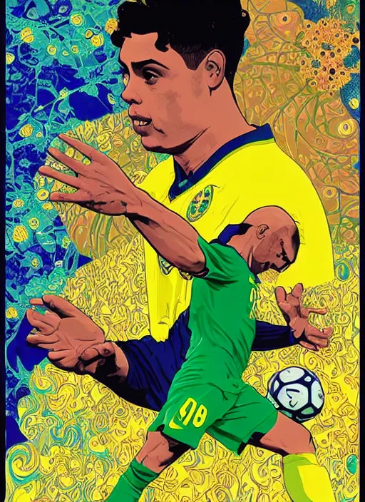 Prompt: fractal og ronaldo nazario r 9 short haircut wearing number nine 2 0 0 2 world cup brazil goal, poster art by poster art by victor moscoso dan mumford kilian eng hannah jeffrey smith rick griffin alphonse mucha gustav klimt ayami kojima amano charlie, yellow and green