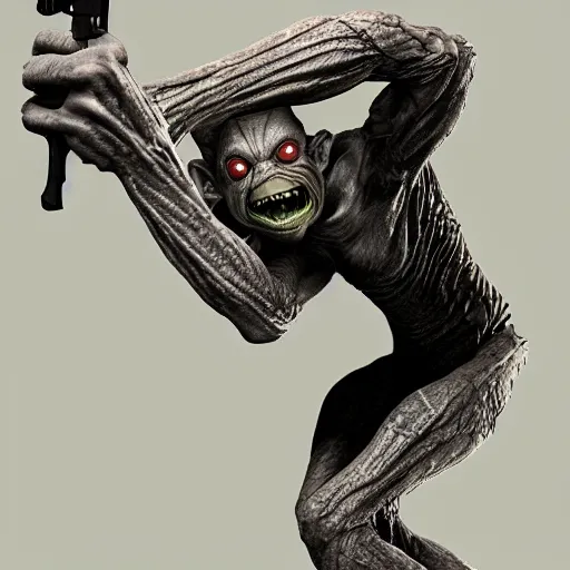 Image similar to Gollum with gun arms and legs