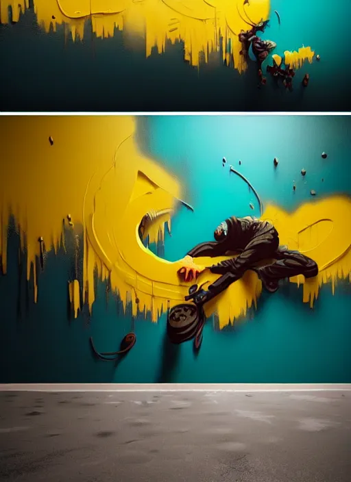 Image similar to matte painting extreme offset 3 d calligraphy graffiti mural dripping paint wall extreme maximalism by atey ghailan, by greg rutkowski, by greg tocchini, by james gilliard, by joe fenton, yellow, brown, black and cyan color scheme, octane render