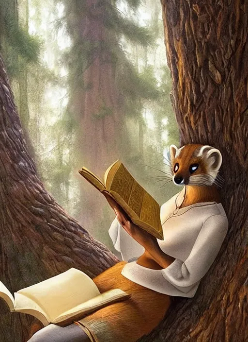 Image similar to A beautiful scene from a 2022 fantasy film featuring a humanoid pine marten genet hybrid wearing loose white clothing reading an ancient book on a couch. An anthropomorphic pine marten genet hybrid in a white tunic. Golden hour.