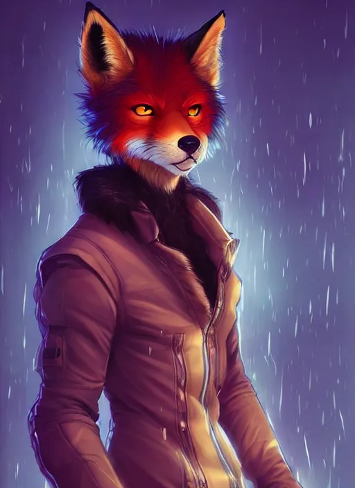 Image similar to award winning beautiful portrait commission of a male furry anthro melanated fox fursona with a tail and a cute beautiful attractive detailed furry face wearing stylish cyberpunk clothes in a cyberpunk city at night while it rains. Character design by charlie bowater, ross tran, artgerm, and makoto shinkai, detailed, inked, western comic book art