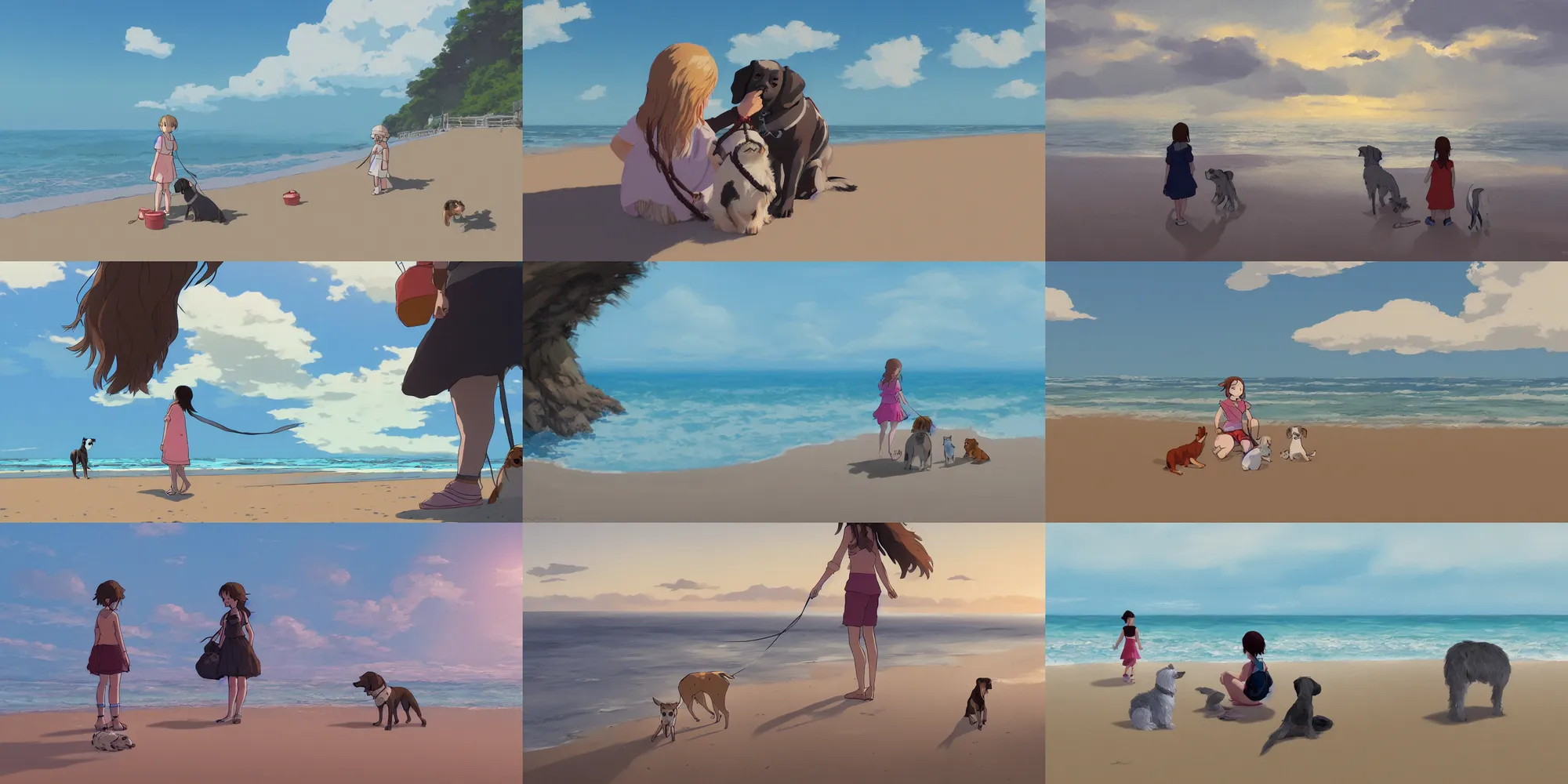 Prompt: girl with her dog at the beach, evening, highly detailed, low angle view, studio ghibli, artstation