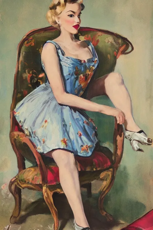 Prompt: a portrait one full body pin wearing a dress.on a chair.a garden in the backgound.Gil Elvgren,Vaughan Bass,Joyce Ballantyne style,center composition,anatomically correct