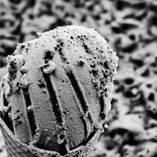 Image similar to macro photo of an ice cream cone covered in dirt and hair