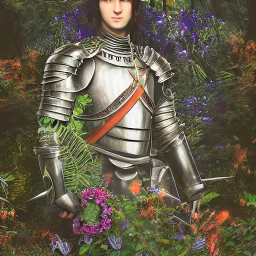 Image similar to a male knight, stern face, clear eyes, in a dark forest, shining armour made of steel and flowers, and fractal flowery hair in a fractal garden, glowing delicate flower, berries and ferns that grow in a dark fantasy forest, full frame,