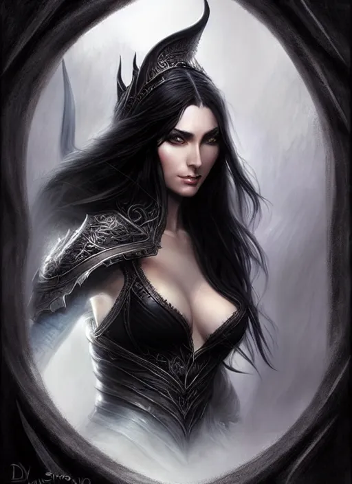 Image similar to d & d concept art of gorgeous elven woman with raven black hair in the style of stefan kostic, realistic, half body shot, sharp focus, 8 k high definition, insanely detailed, intricate, elegant, art by stanley lau and artgerm, luis royo, foggy black background, fantasy