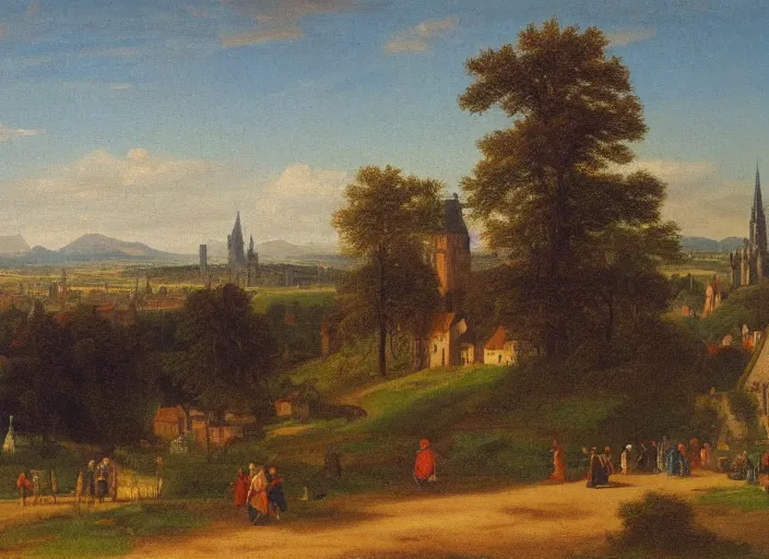 Image similar to nurburg and the surrounding area, germany in the style of hudson river school of art, oil on canvas