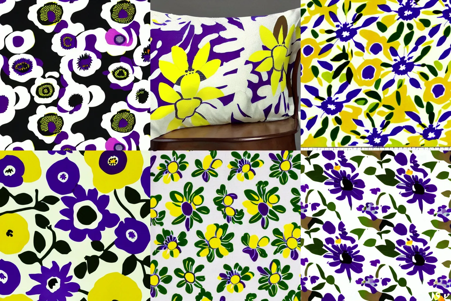 Prompt: marimekko passion flower vivid bright minimalist white yellow purple 1950