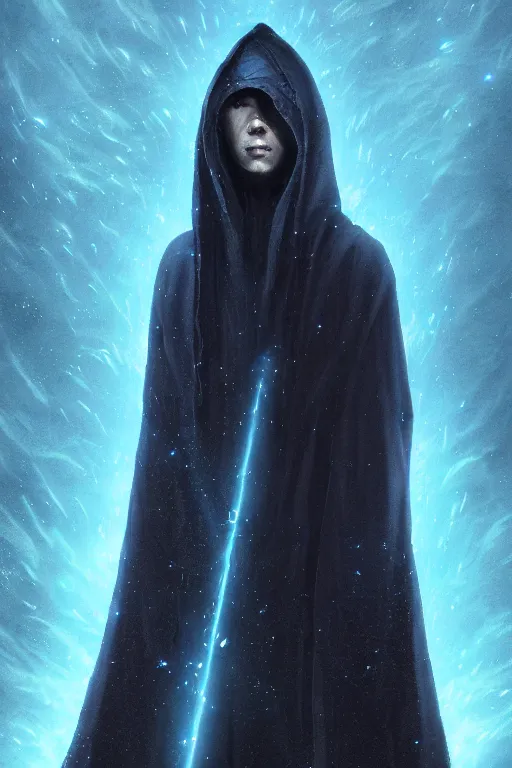 Prompt: a full body portrait of a mysterious entity with a long hooded cloak made of stars and clouds and fire, by maciej kuciara and jason chan and makoto shinkai and rodney matthews, ominous, auras, smoke, fire, embers, vapor, trending on artstation, ultra detailed, hyper realistic 4 k, volumetric light