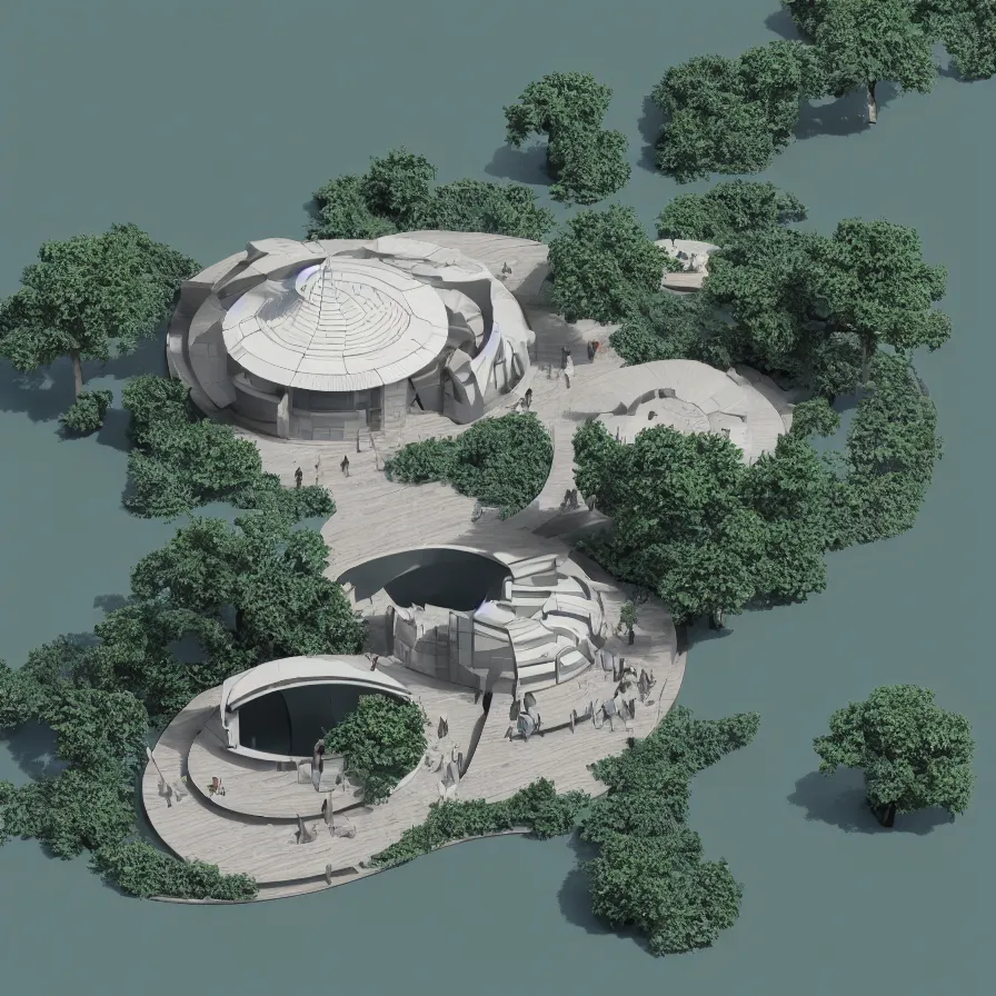 Image similar to architectural model, isometric view, 3 d render, studio lighting, low contrast, dark background, highly detailed, a circular house with circular courtyards floating at the edge of a lake, tree