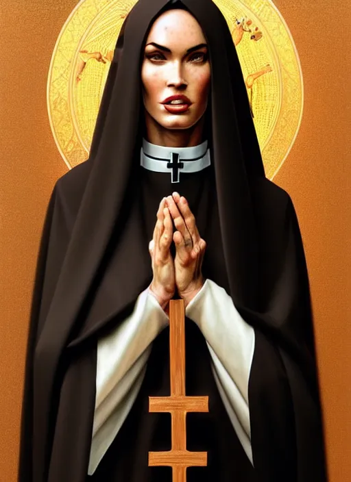 Image similar to portrait of megan fox as a nun praying, catholic, church, bible, christian, intricate, headshot, highly detailed, digital painting, artstation, concept art, sharp focus, cinematic lighting, illustration, art by artgerm and greg rutkowski, alphonse mucha, cgsociety