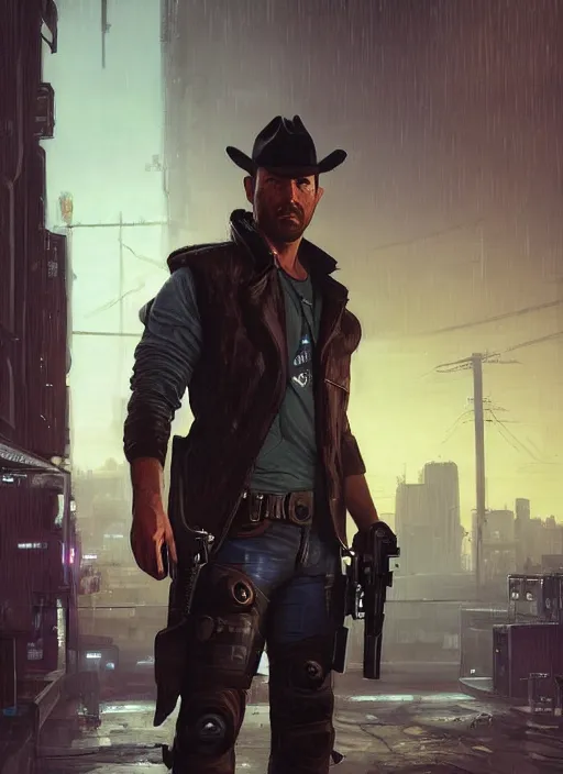 Image similar to arthur morgan. cyberpunk police trooper in a military vest ( blade runner 2 0 4 9, cyberpunk 2 0 7 7 ). orientalist portrait by john william waterhouse and james gurney and theodore ralli and nasreddine dinet, oil on canvas. cinematic, hyper realism, realistic proportions, dramatic lighting, high detail 4 k