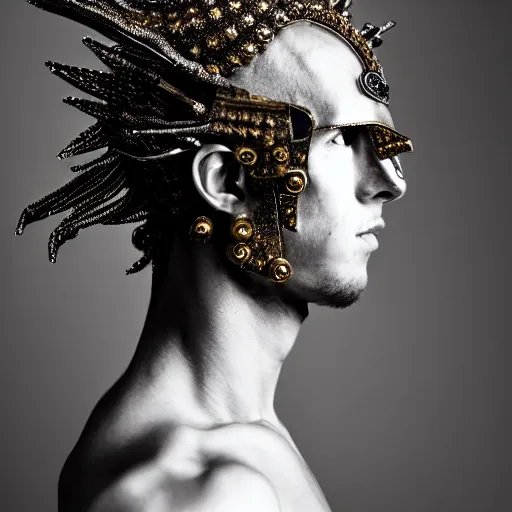 Prompt: a portrait of a beautiful young male wearing an alexander mcqueen armor made of piercings, photographed by andrew thomas huang, artistic