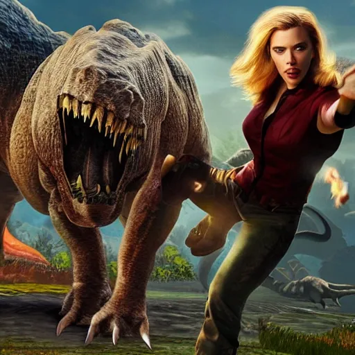 Image similar to scarlett johansson fighting a dinosaur, video game cover, high quality