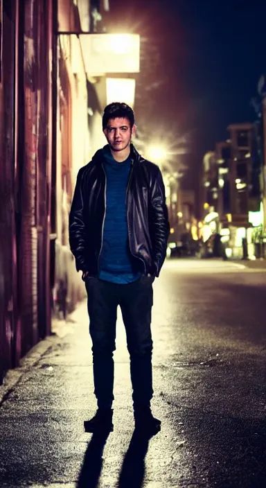 Image similar to Professional full body portrait of a dishevelled young man in a street at night. He is wearing a leather coat and he looks very tired and nervous. 4K, dramatic lighting