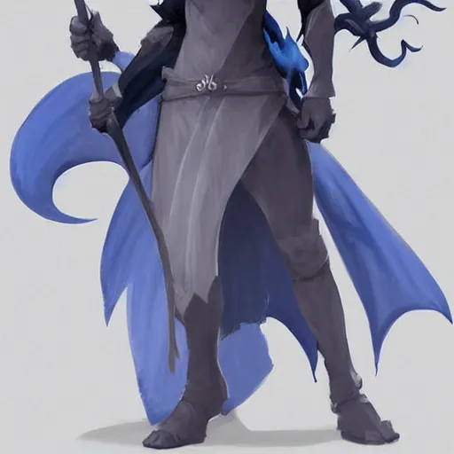 Image similar to D&D character concept art of a cloaked tiefling, tiefling rogue, blue skin color with short horns and a devil tail, fighting pose of a Rogue holding daggers, black cloak hidden in shadows, full body pose, soft colors, fantasy, intricate, elegant, highly detailed, digital painting, artstation, concept art, smooth, sharp focus, illustration, wide angle shot, full body visible, art by artgerm and H R Giger and alphonse mucha