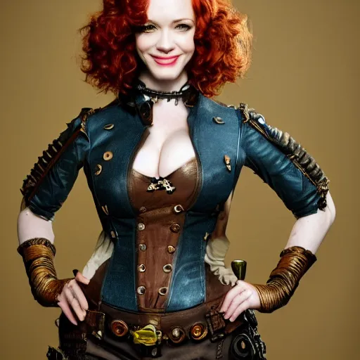 Image similar to full body photo of christina hendricks as a steampunk warrior highly detailed, 4k