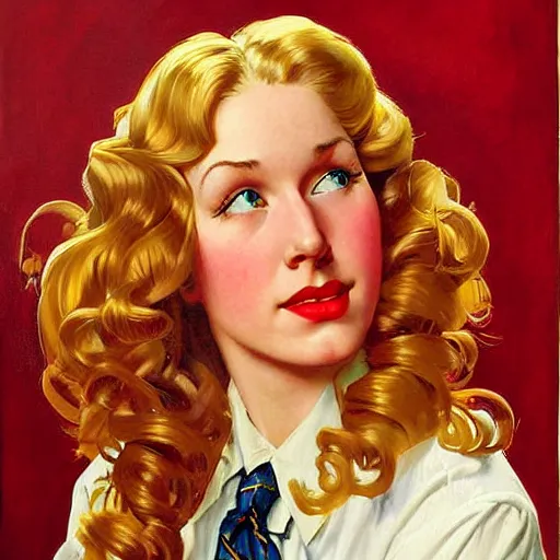 Prompt: beautiful painting of jerma985 with long curly blond hair, pinup poster by J.C Leyendecker and Norman Rockwell