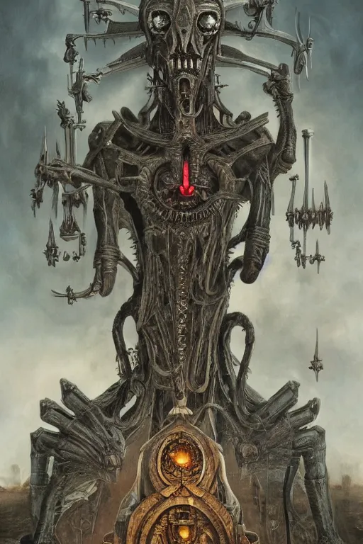 Prompt: Moloch, whose mind is pure machinery, eerie, sinister, horror, illustrated by Anne Stokes and H R Giger and Adrian Borda, super detailed, 4k, 8k