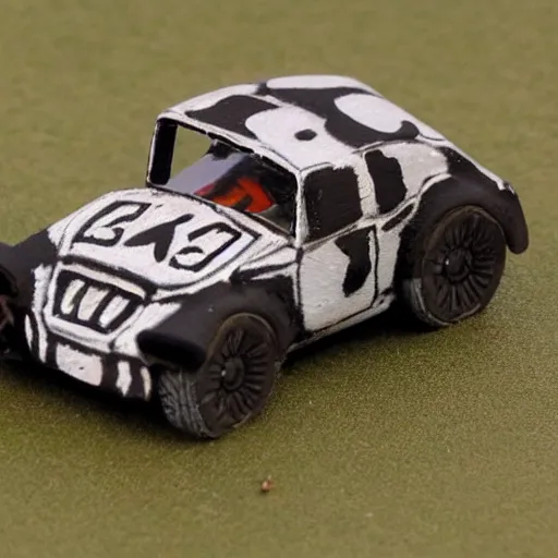 Prompt: Cow wearing a car tire, painted wargaming miniature