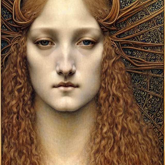 Image similar to detailed realistic beautiful young medieval queen face portrait by jean delville, gustave dore and marco mazzoni, art nouveau, symbolist, visionary, gothic, pre - raphaelite. horizontal symmetry