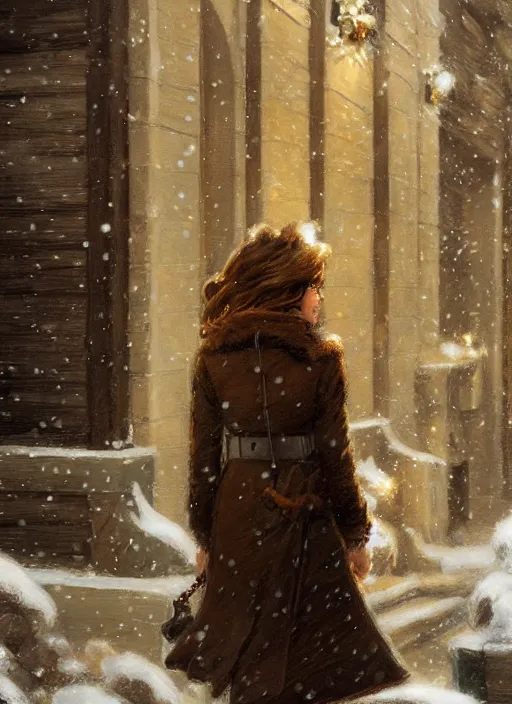 Image similar to back of emma stone in beige coat, walking into new york apartment building in winter, close up of wreath on door, snow, artwork by gaston bussiere, craig mullins, trending on artstation