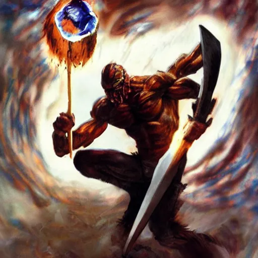 Prompt: an axe elemental, whirling energy made of axes, dramatic, cinematic, by simon bisley