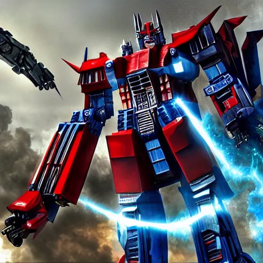 Prompt: optimus prime shooting at megatron, striking pose, robot huge, fly engines,