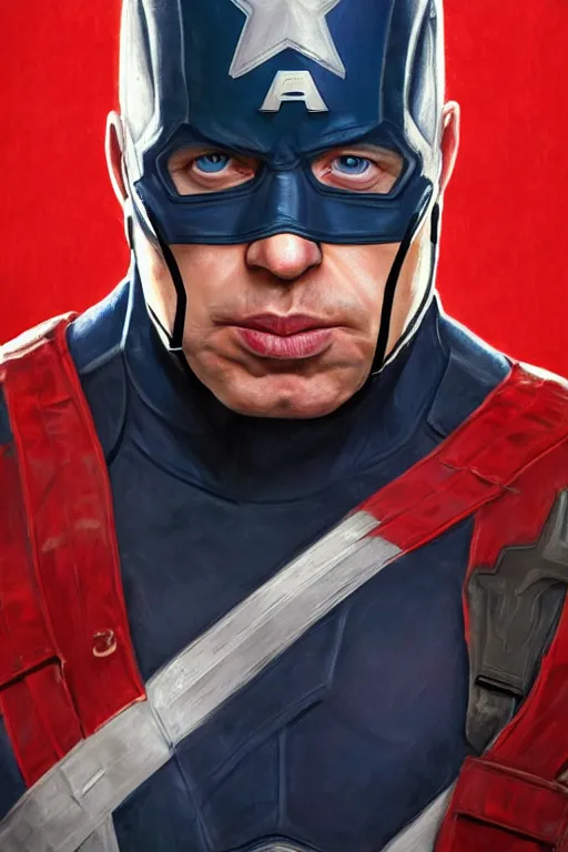 Image similar to Boris Johnson as Captain America, realistic portrait, symmetrical, highly detailed, digital painting, artstation, concept art, smooth, sharp focus, illustration, cinematic lighting, art by artgerm and greg rutkowski and alphonse mucha