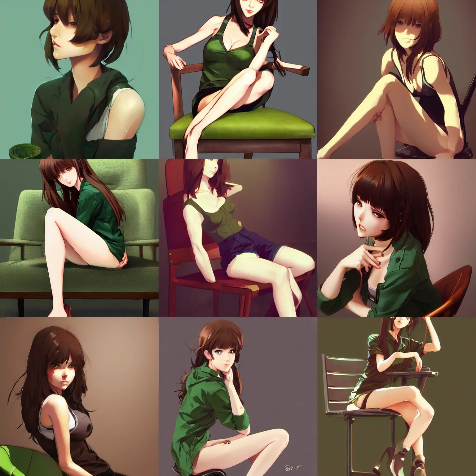 Prompt: sexy girl with brown hair and green eyes, wearing a shorts, sitting on a chair, highly detailed, in the style of and ilya kuvshinov and greg rutkowski, high quality anime artstyle, intricate